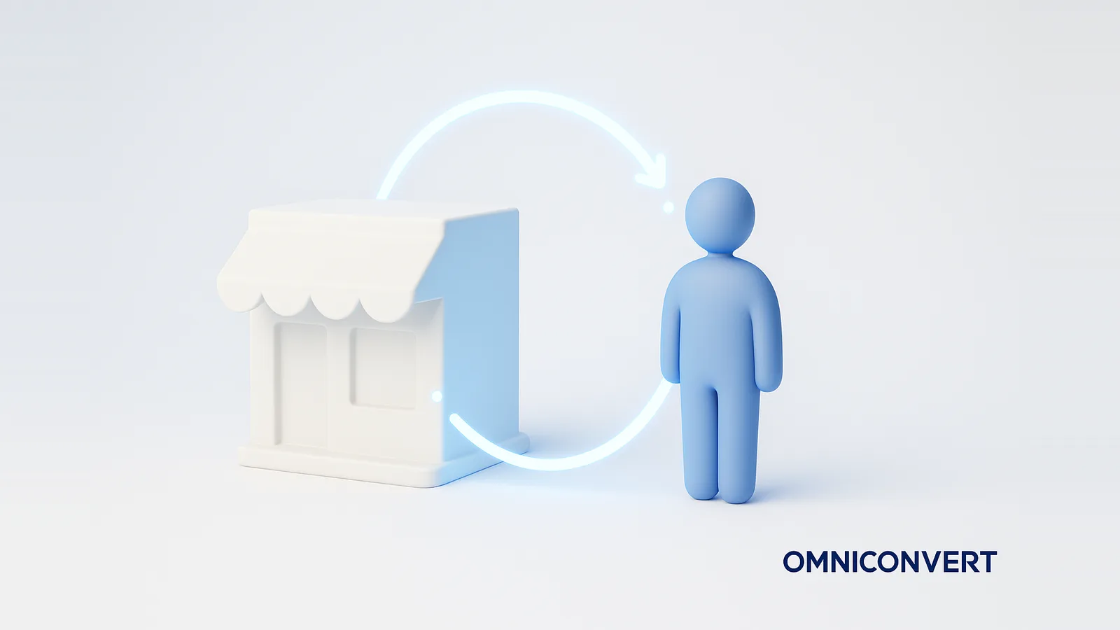 How to improve customer retention in eCommerce: a customer figure held close to a store by a glowing blue loop of retention actions, coming back to buy again