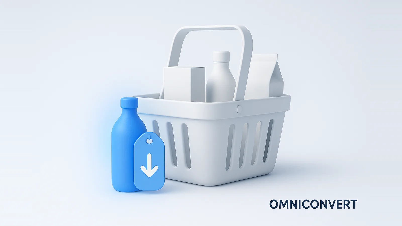 Loss leader pricing: one discounted product drawing a customer in, who then fills a basket with profitable items, with the loss leader marked in blue