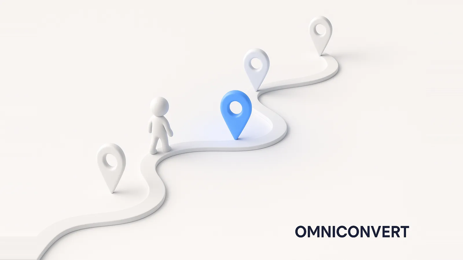 Customer journey optimization: an aerial winding path with matte touchpoint pins and a traveling figure, one pin glowing blue as the optimized touchpoint
