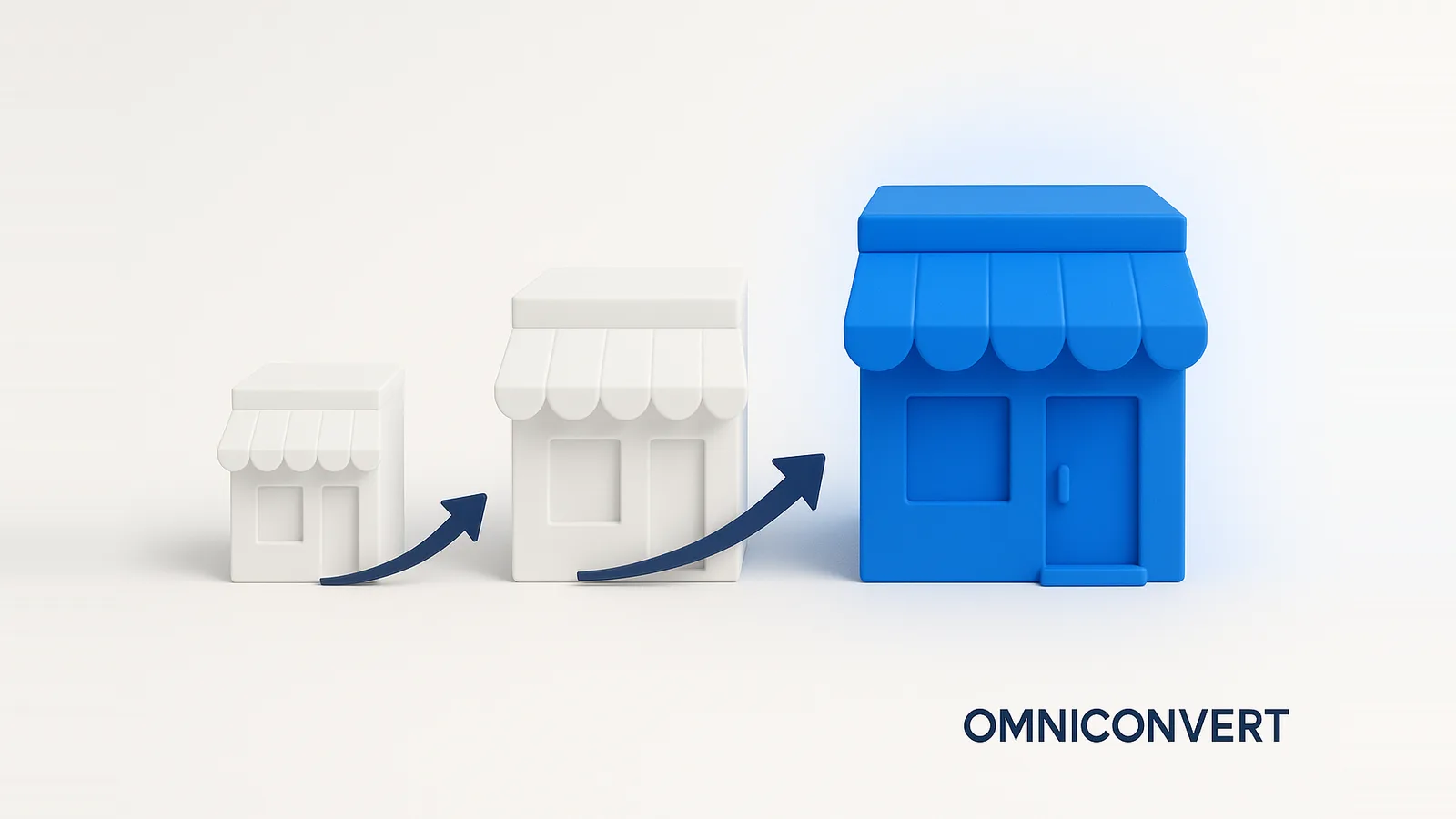 Scaling an eCommerce business: a small store on a foundation rising to a much larger scale while its cost base stays flat, with one efficient lever glowing