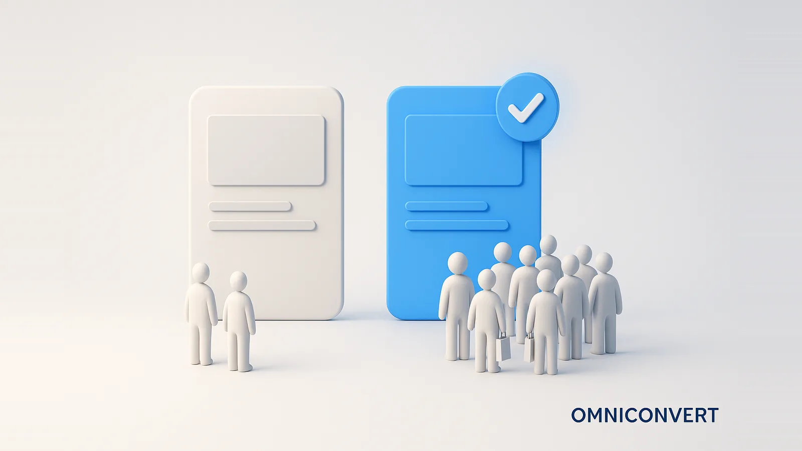 Statistical significance in A/B testing: two variation pages side by side, the blue winning variation drawing a much larger crowd of converting shoppers and marked with a blue check badge as the confirmed significant winner