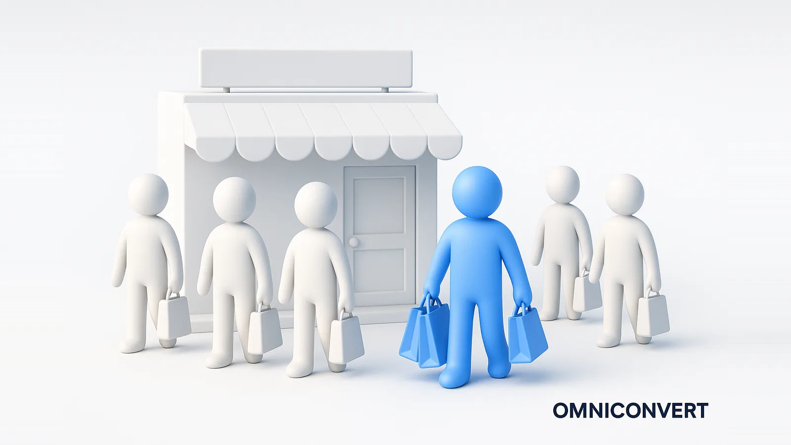 What is a repeat customer: one blue customer carrying several shopping bags from repeat purchases, standing out among one-time shoppers with a single bag