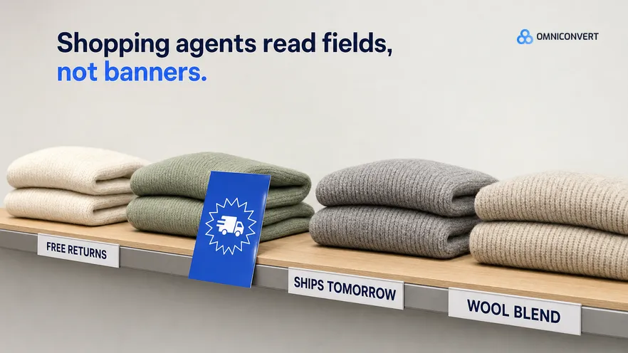 Folded knit sweaters on a store shelf with printed labels reading Free returns, Ships tomorrow and Wool blend, while one sweater has only a blue promotional card with a delivery-van icon and no label