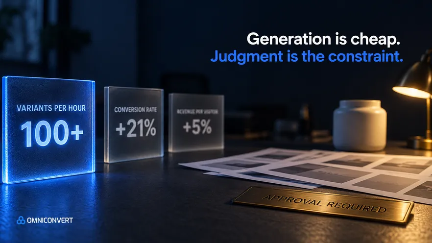 A dark office desk at night holding a fan of blank printed ad proof sheets and an unlabelled matte ceramic jar, with three frosted glass panels standing in a row etched VARIANTS PER HOUR 100+, CONVERSION RATE +21% and REVENUE PER VISITOR +5%, the nearest one edge-lit in blue.