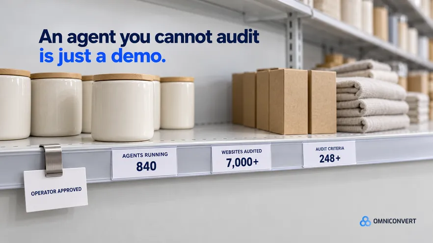 An eye-level view along a pale retail shelf of plain unbranded ceramic jars and kraft cartons, one slot in the row standing empty, with three printed shelf-edge label strips reading AGENTS RUNNING 840, WEBSITES AUDITED 7,000+ and AUDIT CRITERIA 248+