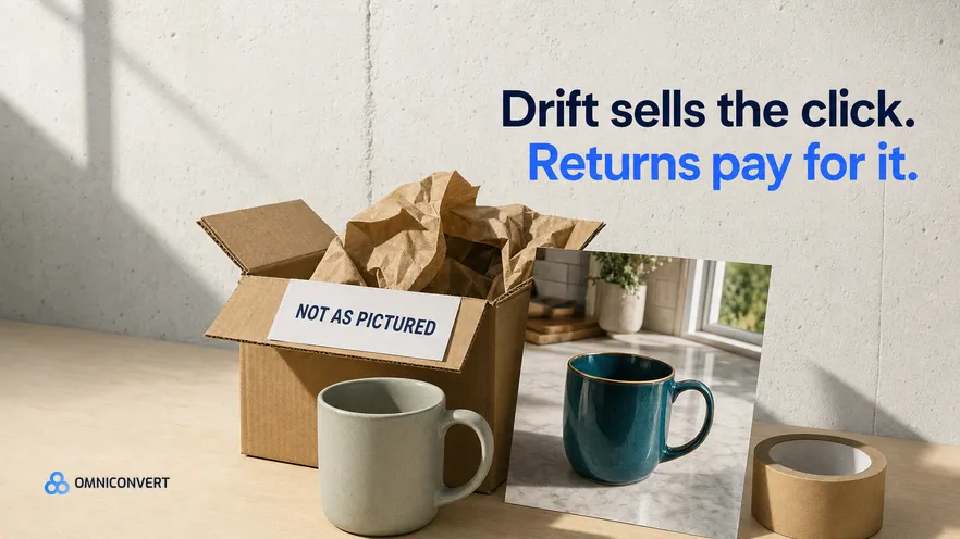An opened shipping box on a returns bench with a slip reading Not as pictured, a dull grey-green mug in front of it and a glossy ad print beside it showing the same mug in deep teal with a gold rim