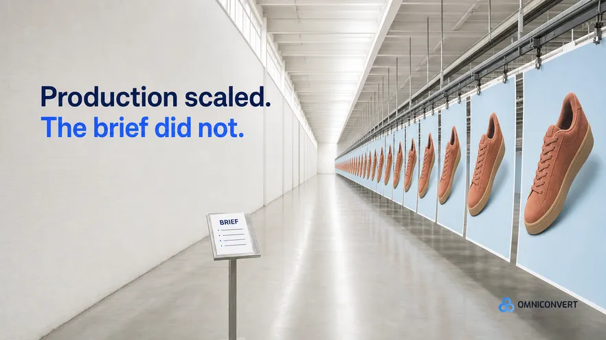 A long print hall where hundreds of identical sneaker posters hang in rows, facing a single sheet labelled Brief on a small lectern