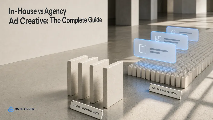 Four hand-finished stone tablets marked A DOZEN CONCEPTS PER MONTH beside a dense block of identical plaster cards running out of frame marked 100+ VARIANTS PER HOUR, with glass panels hovering only above the block.