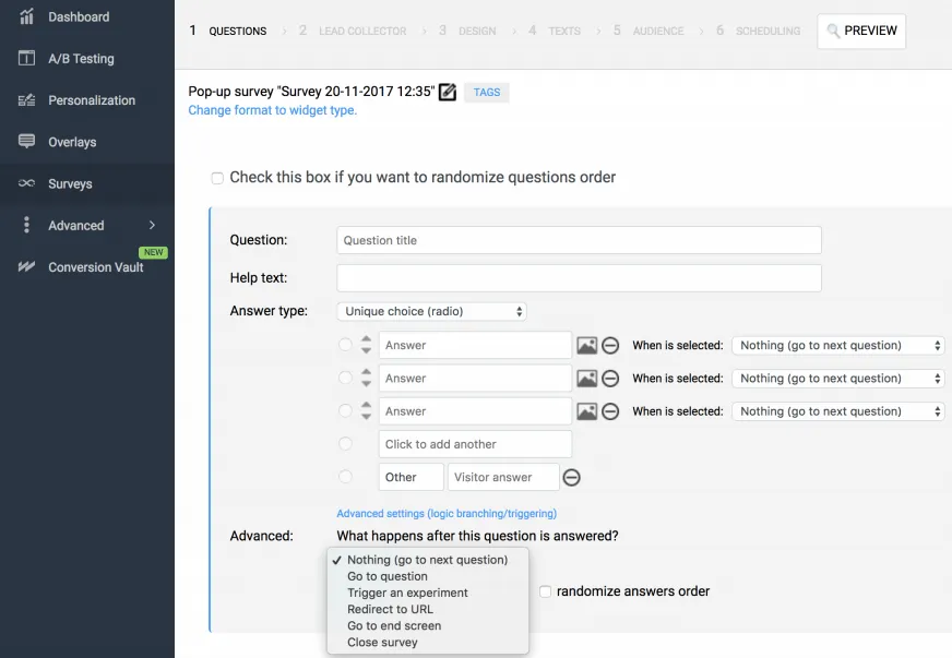 Omniconvert advanced settings interface showing logic branching options and lead collector feature