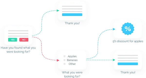 Survey flow example showing different types of survey questions and responses
