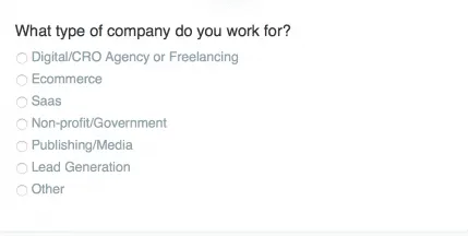 Single choice question example showing company type options
