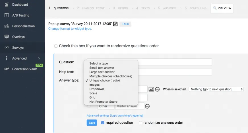 Omniconvert question editor interface showing various question type options