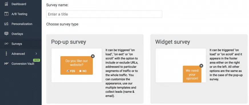 Omniconvert survey creation interface showing options for pop-up and widget surveys