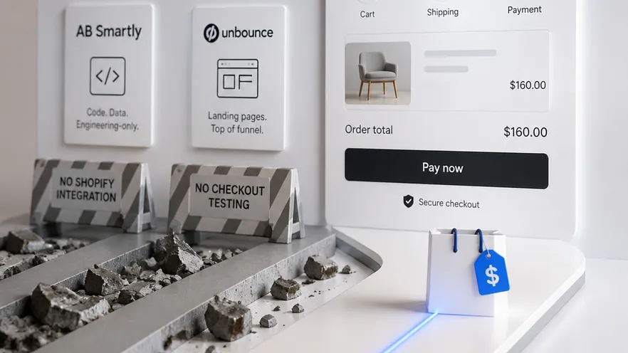 AB Smartly, Unbounce, and Omniconvert Explore compared: engineering-led SDK experimentation and paid-traffic landing pages versus Shopify-native eCommerce CRO measured in revenue per visitor.