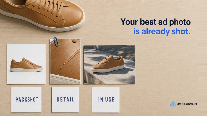 An overhead view of a tan leather sneaker beside three photo prints of it, a packshot, a stitching detail and an outdoor shot, each above an index card stamped Packshot, Detail or In use