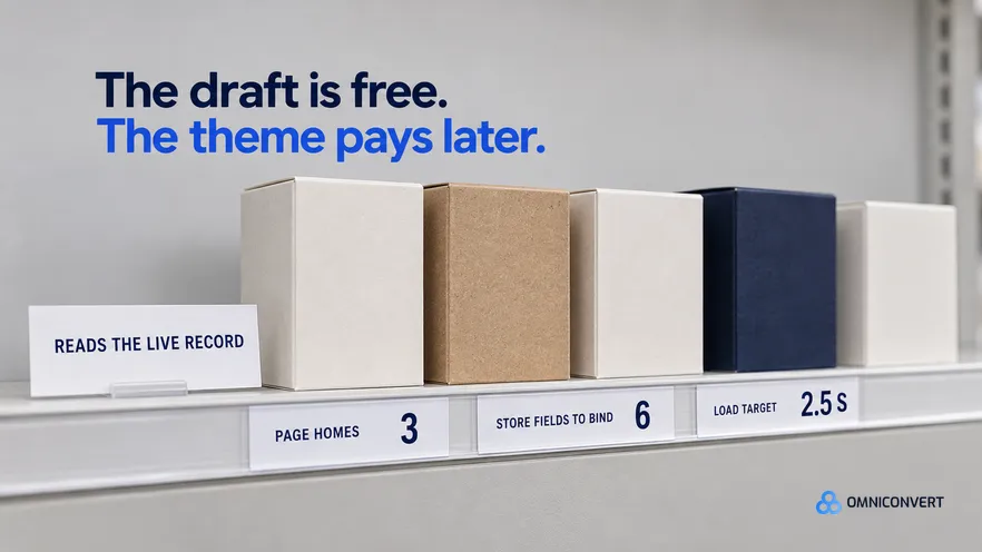 A tight eye-level view along a pale retail shelf edge in cool store lighting, three printed shelf-edge label strips naming the page homes, the store fields to bind and a load time target, with one plain product carton turned backwards in its slot