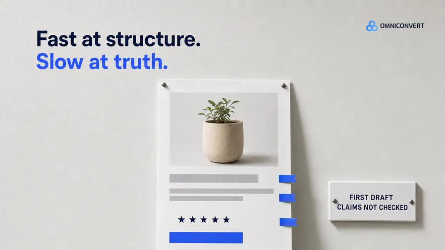 A tall printed landing page draft pinned to a studio wall with blue flags marking its copy, next to a wall plate reading First draft, Claims not checked
