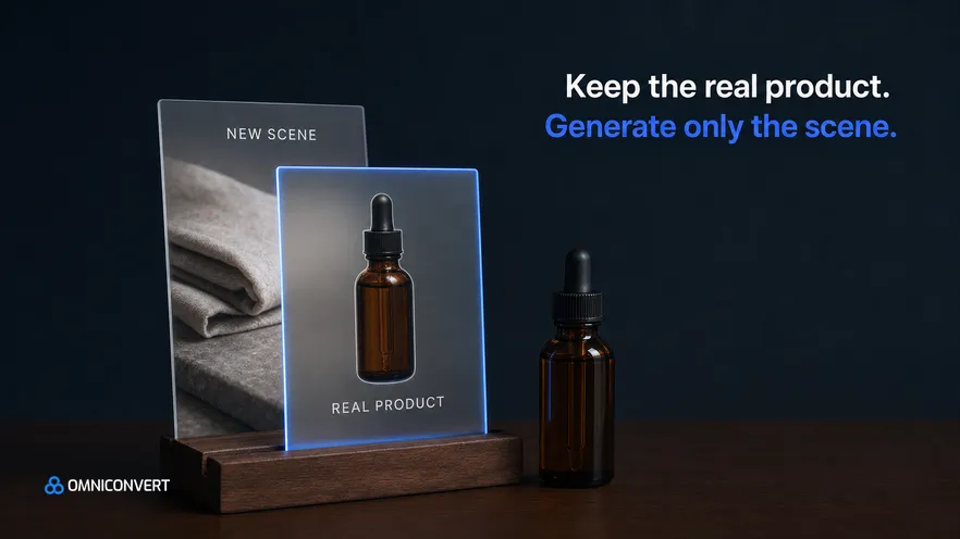 Two frosted glass sheets on a desk at night, the front one holding a cut-out of an amber dropper bottle labelled Real product and the rear one a linen scene labelled New scene, with the real bottle standing beside them