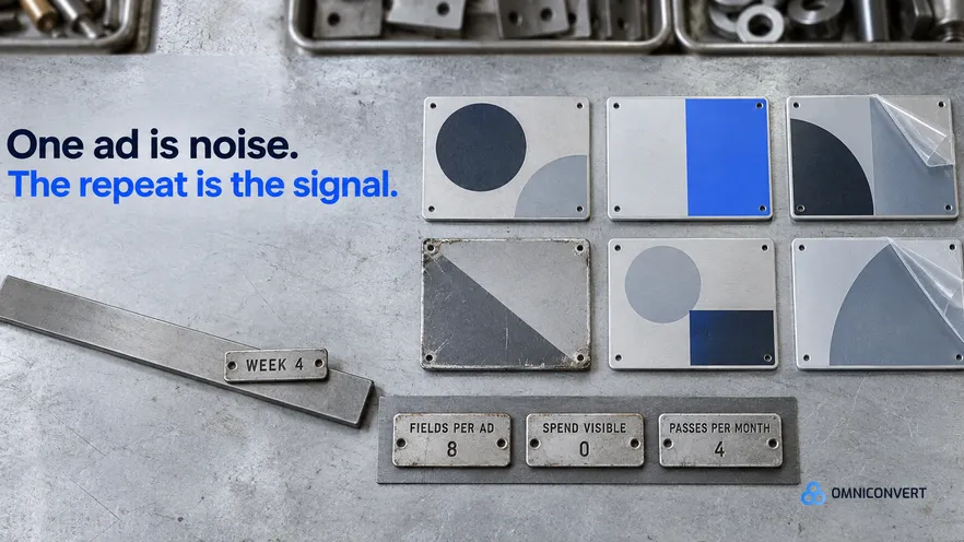 An overhead flat-lay on a pale zinc workbench of six small anodized aluminium campaign plates in two rows, one visibly worn from long use, with three die-stamped steel tags beside them reading 8 fields per ad, 0 spend visible and 4 passes per month