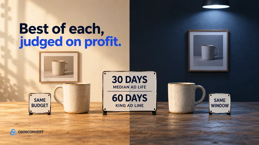 A straight-on split frame of one oak counter, warm morning daylight on the left and cold night light on the right, an identical stoneware mug and framed print in each half, and one enamel plate standing across the seam reading 30 days median ad life and 60 days king ad line