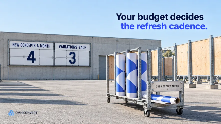 A wide daylit staging yard of empty billboard frames in one-point perspective, a mechanical split-flap board on the depot wall showing four new concepts a month and three variations each, and a stamped metal tag on the loading rack