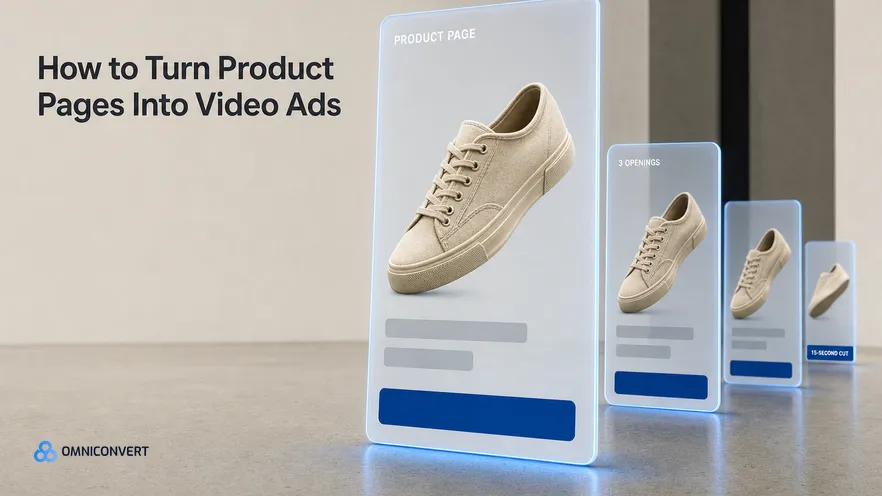 A tall glass product card reading PRODUCT PAGE holding a single canvas sneaker, with three smaller panels stepping away behind it showing the same shoe mid-rotation and ending at 15-SECOND CUT.