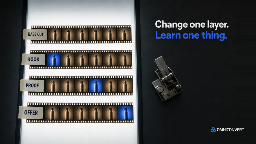 Four film strips on a glowing lightbox labelled Base cut, Hook, Proof and Offer, each variant identical to the base except for one blue frame in a different position