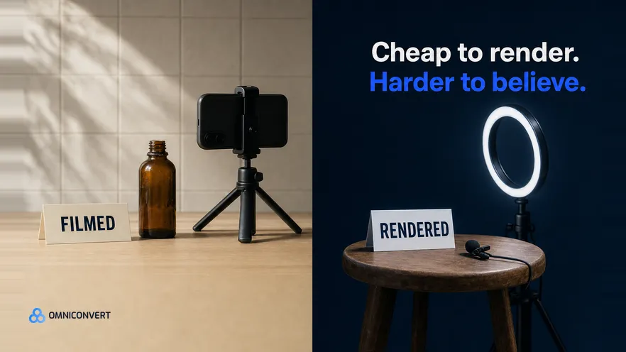 A split image: a phone on a small tripod films an amber bottle on a sunlit kitchen counter beside a card reading Filmed, and a ring light shines on an empty stool with a microphone and a card reading Rendered