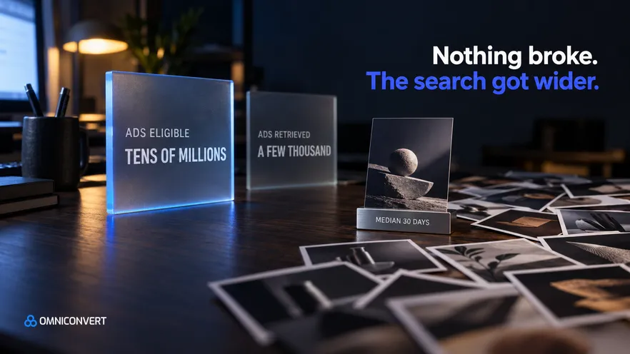 A dark media buyer's desk at night, a dense fanned stack of small printed ad proof cards spilling toward the camera and one lit card standing apart in an etched metal stand, with two frosted glass panels floating behind it