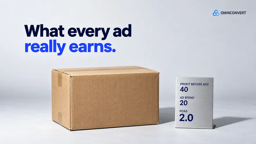 A single plain kraft shipping carton on a pale seamless studio floor in hard clean light, with a slim brushed-aluminium spec plate beside it engraved with three lines: profit before ads 40, ad spend 20, POAS 2.0