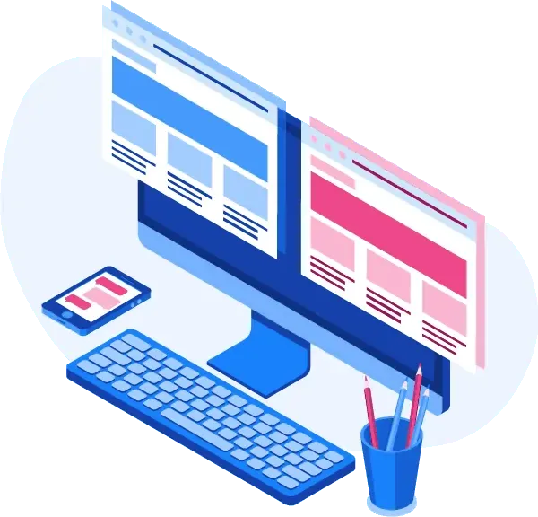 An isometric image of a computer screen with a mouse and keyboard.