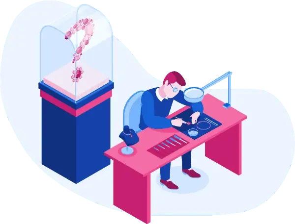 Isometric illustration of a man performing an audit at a desk.