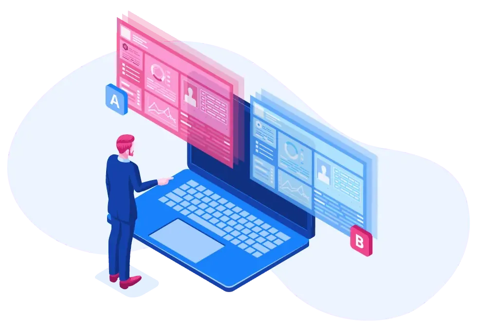 Isometric illustration of a man performing AB testing on social media.