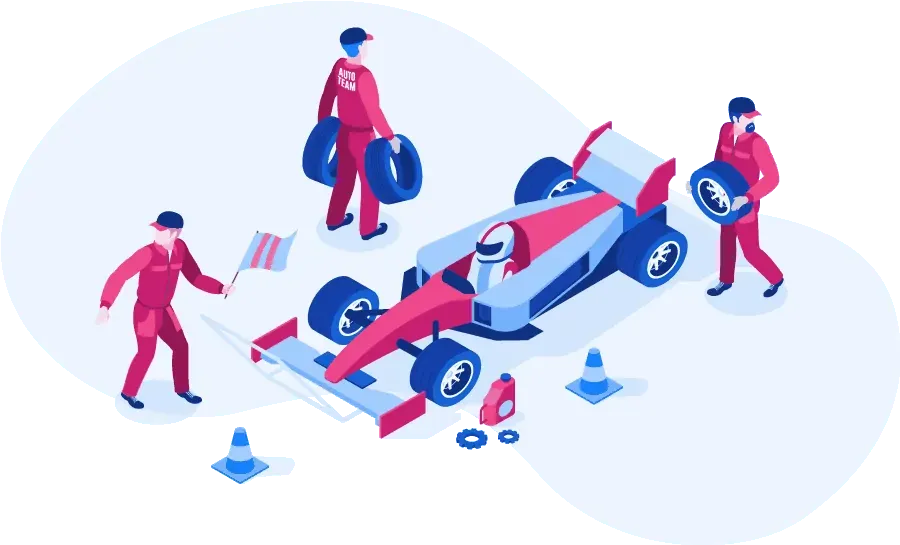 Isometric illustration of people working on a race car services.