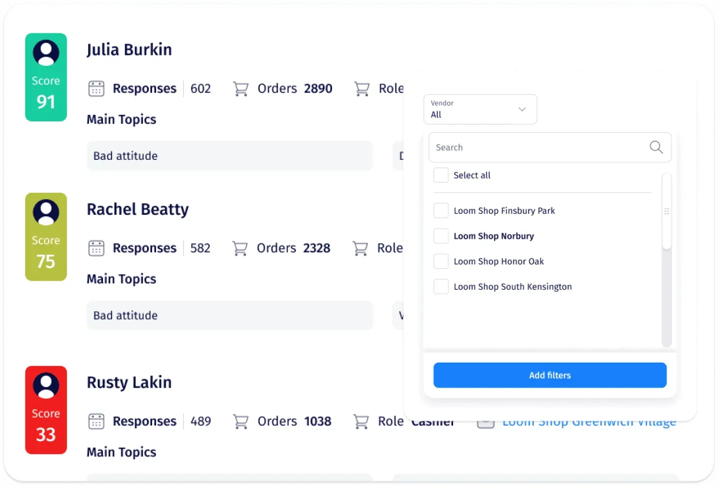 Customer feedback dashboard displaying individual scores for users Julia Burkin, Rachel Beatty, and Rusty Lakin, including response counts, order data, and main topics. A filter panel on the right allows vendor selection—useful for customer experience analysis and employee performance tracking.
