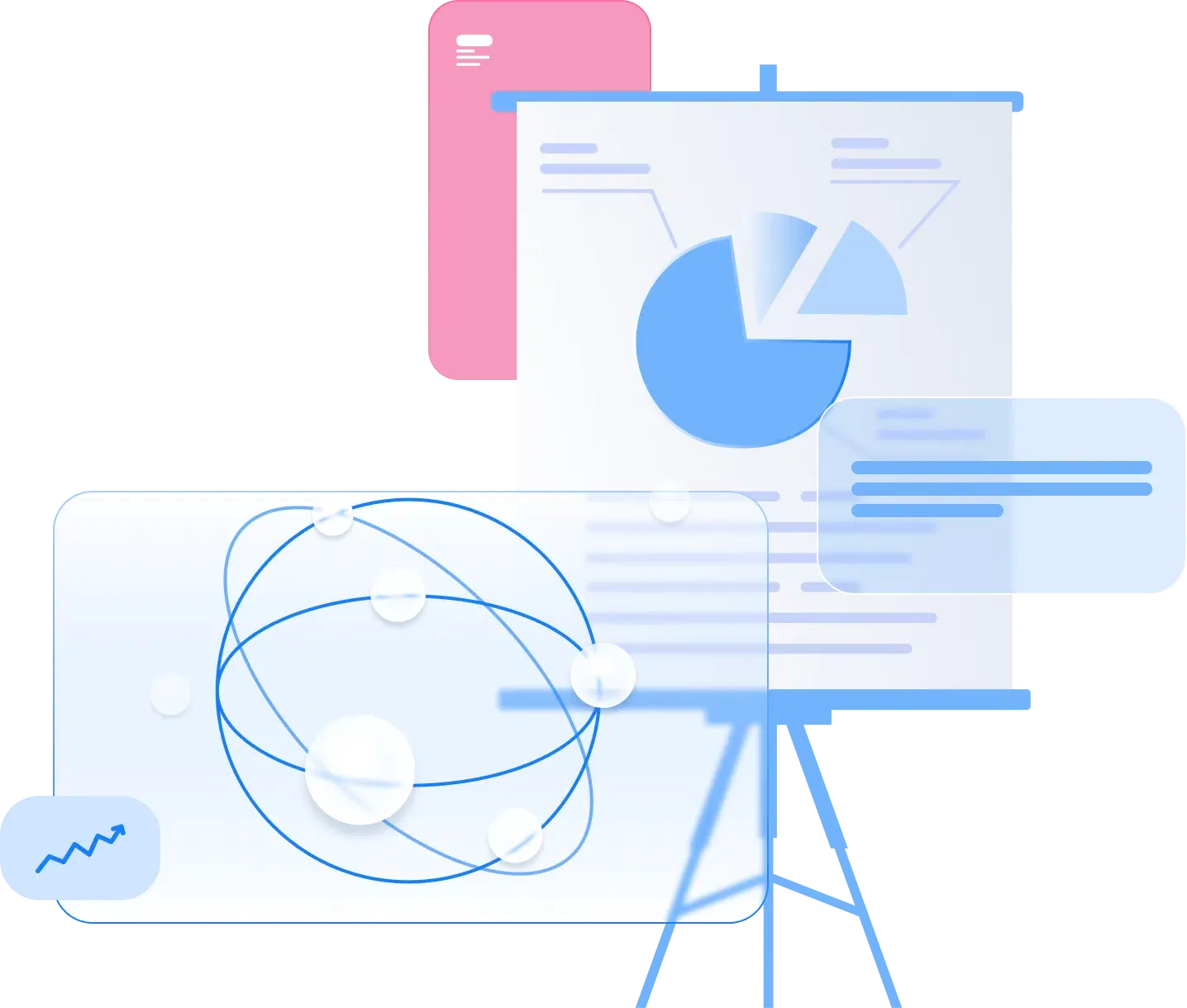 Abstract illustration of a presentation board with pie charts and data elements, representing data analysis, business intelligence, and strategic reporting in digital marketing or eCommerce.