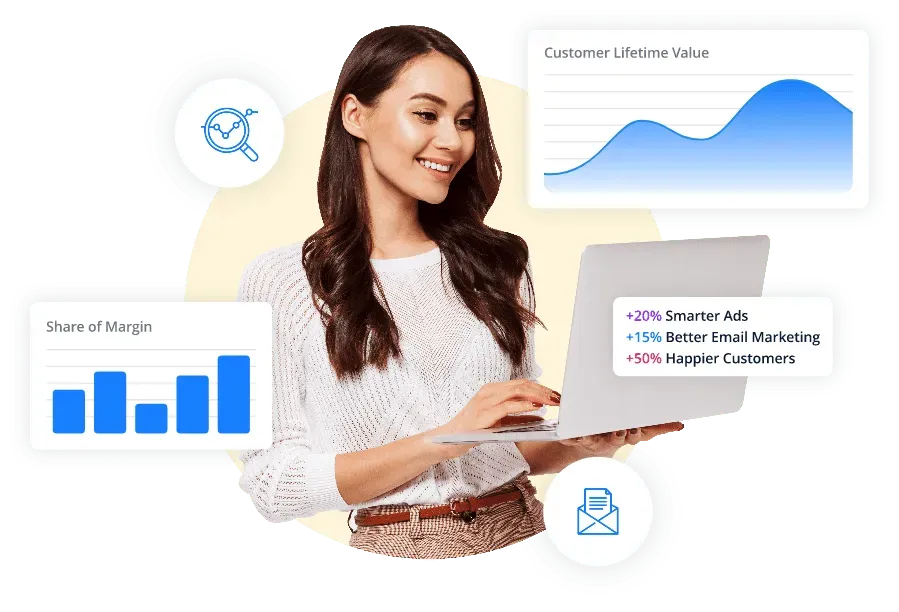 Woman using a laptop surrounded by performance visuals including Share of Margin, Customer Lifetime Value, and marketing improvement stats.