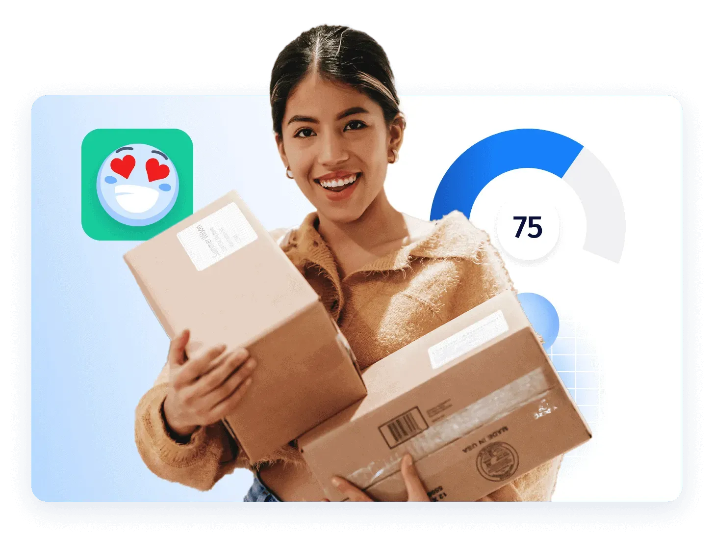 Smiling woman holding multiple delivery boxes, with a customer satisfaction emoji and a performance gauge reading 75 in the background—representing eCommerce fulfillment, customer experience, and delivery satisfaction.