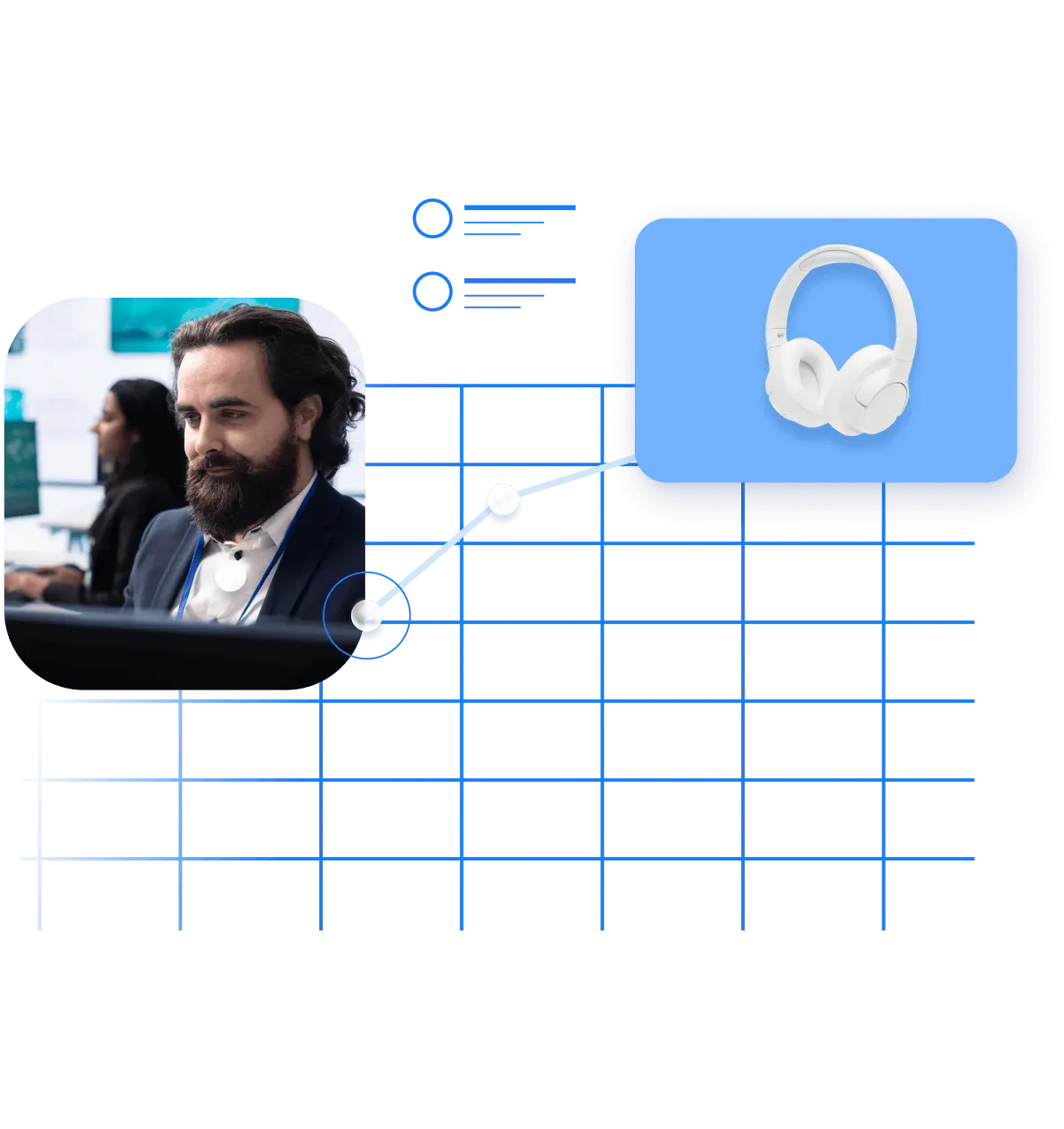 Customer behavior data visualization showing a man browsing online and interacting with a product.