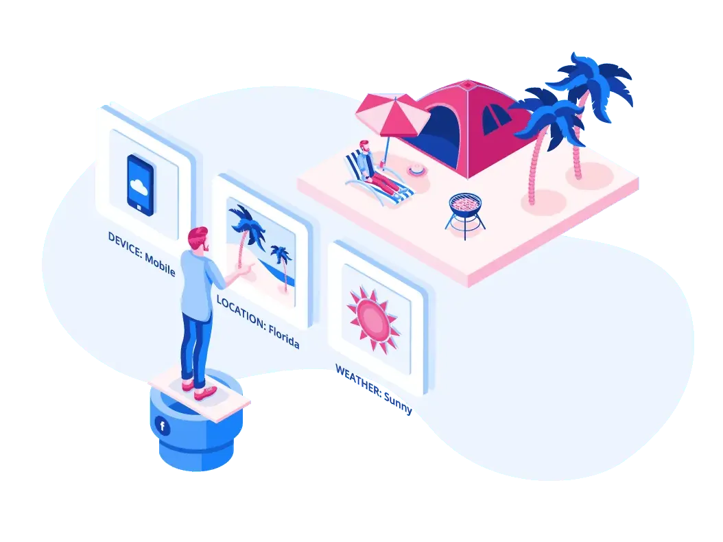 A personalized isometric illustration featuring a man standing next to a beach and a tent.