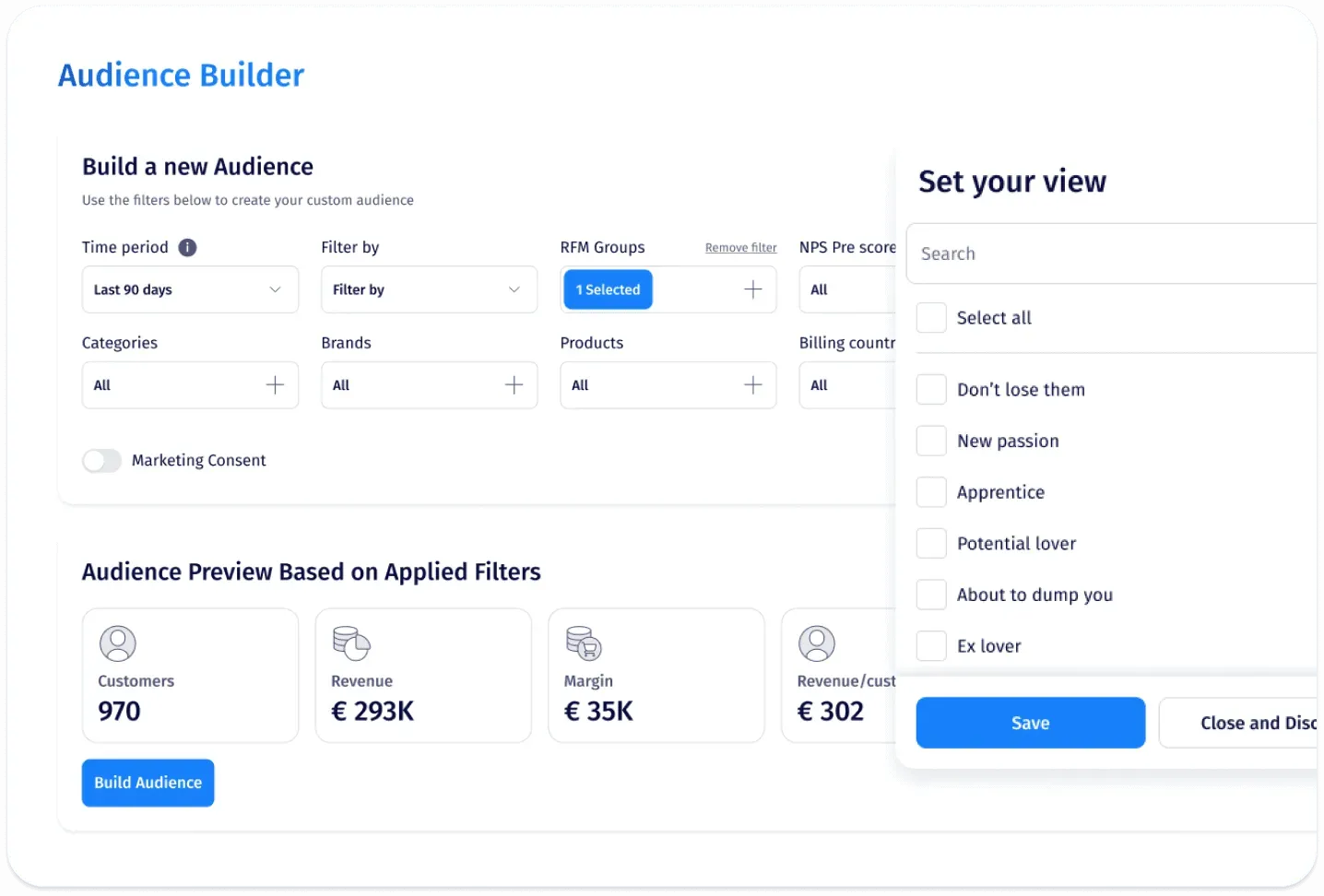 Dynamic Audience Builder interface for creating targeted customer segments using first-party data. Features filters like RFM groups, categories, products, and consent, along with a preview of customer count, revenue, and margin—designed to optimize eCommerce ad campaigns and lower customer acquisition costs.
