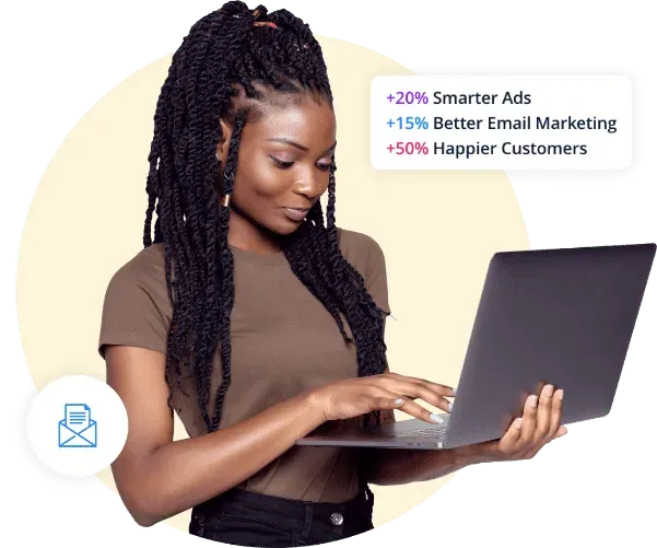 Woman using a laptop with marketing performance metrics overlay showing +20% Smarter Ads, +15% Better Email Marketing, and +50% Happier Customers.