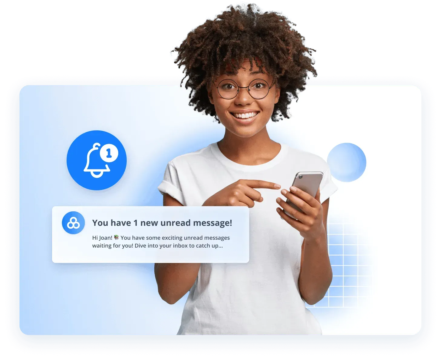 Smiling woman using a smartphone receives a notification about an unread message, with a bell icon and message popup displayed—representing customer engagement, real-time communication, and personalized messaging in eCommerce or digital platforms.