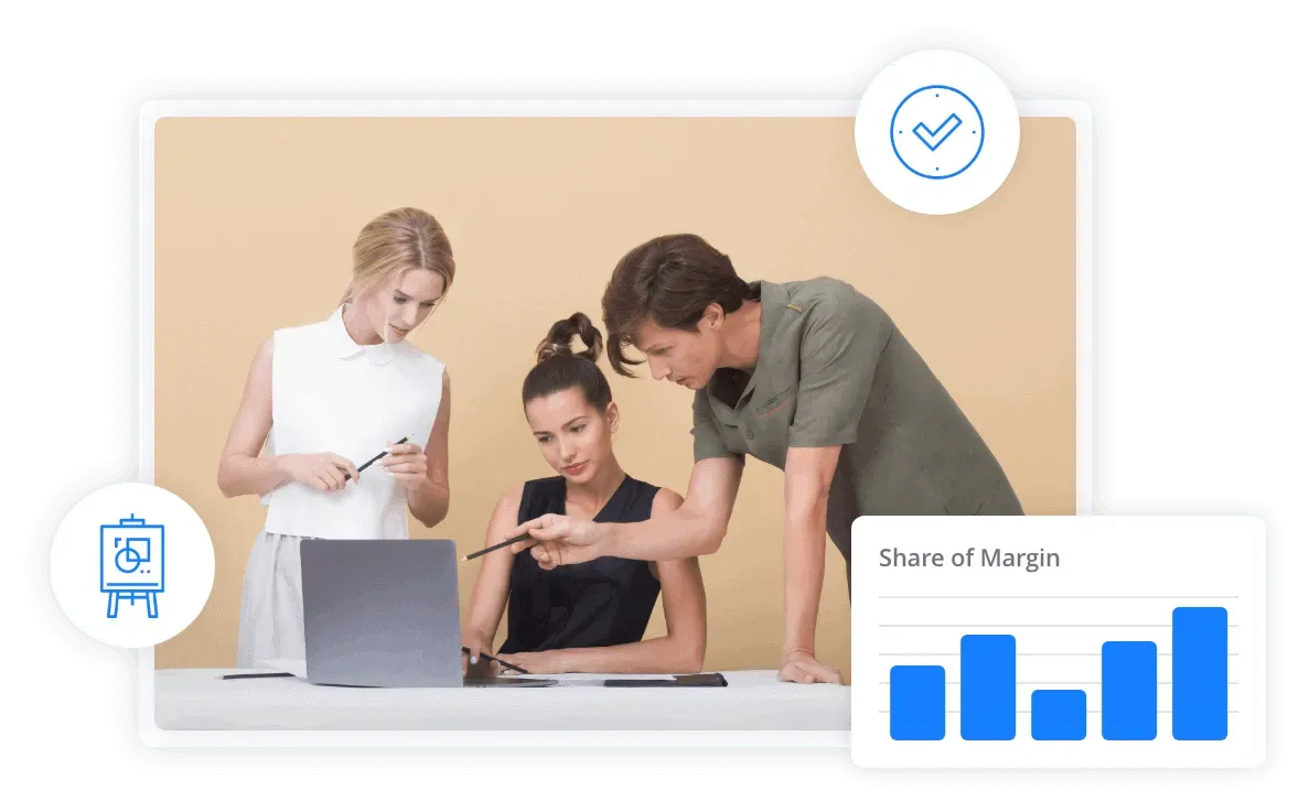 Team of professionals collaborating around a laptop with a 'Share of Margin' bar chart overlay.