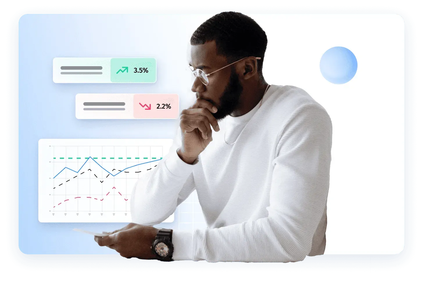 Focused man in a white sweater analyzing performance data, with graphs and growth indicators in the background—representing data-driven decision-making, conversion optimization, and eCommerce performance tracking.