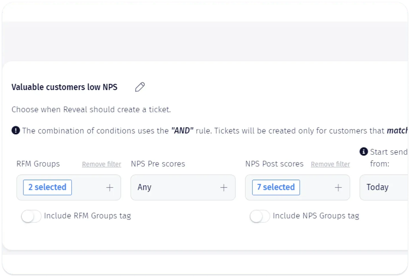 Reveal dashboard interface for setting real-time alerts when high-value customers give low NPS scores. Includes filters for RFM groups, NPS scores, and trigger timing—supporting proactive customer experience management and churn prevention.