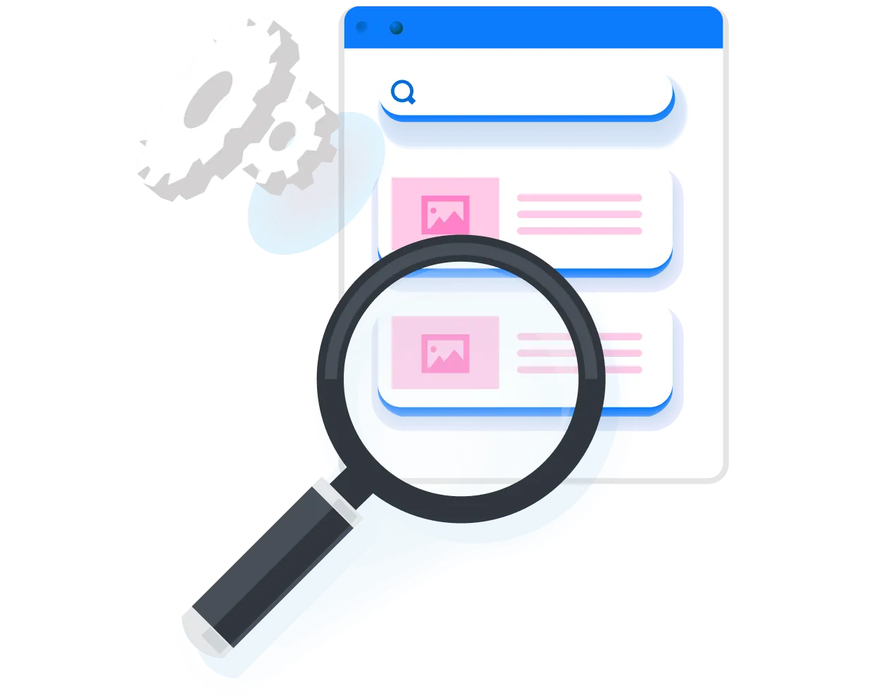 Illustration of a magnifying glass hovering over a search results interface with settings gears in the background.