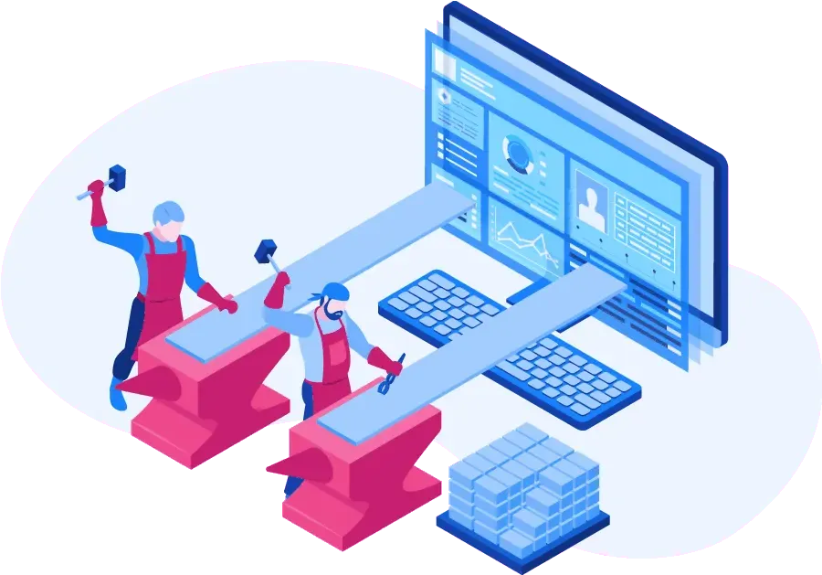 Isometric illustration of an audit team working on a computer.
