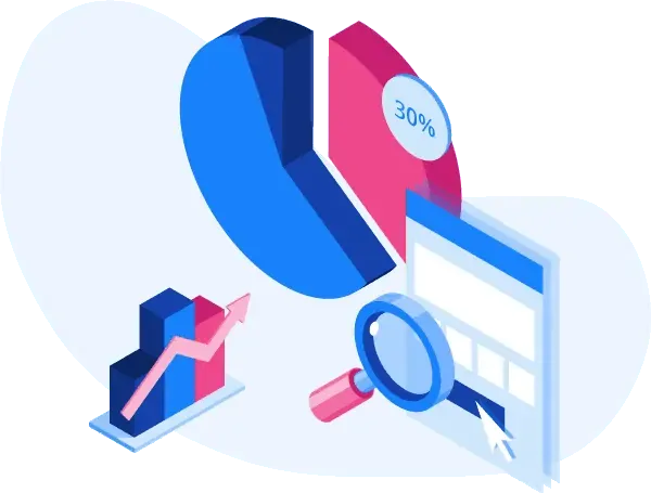 An isometric image of a magnifying glass and a pie chart.