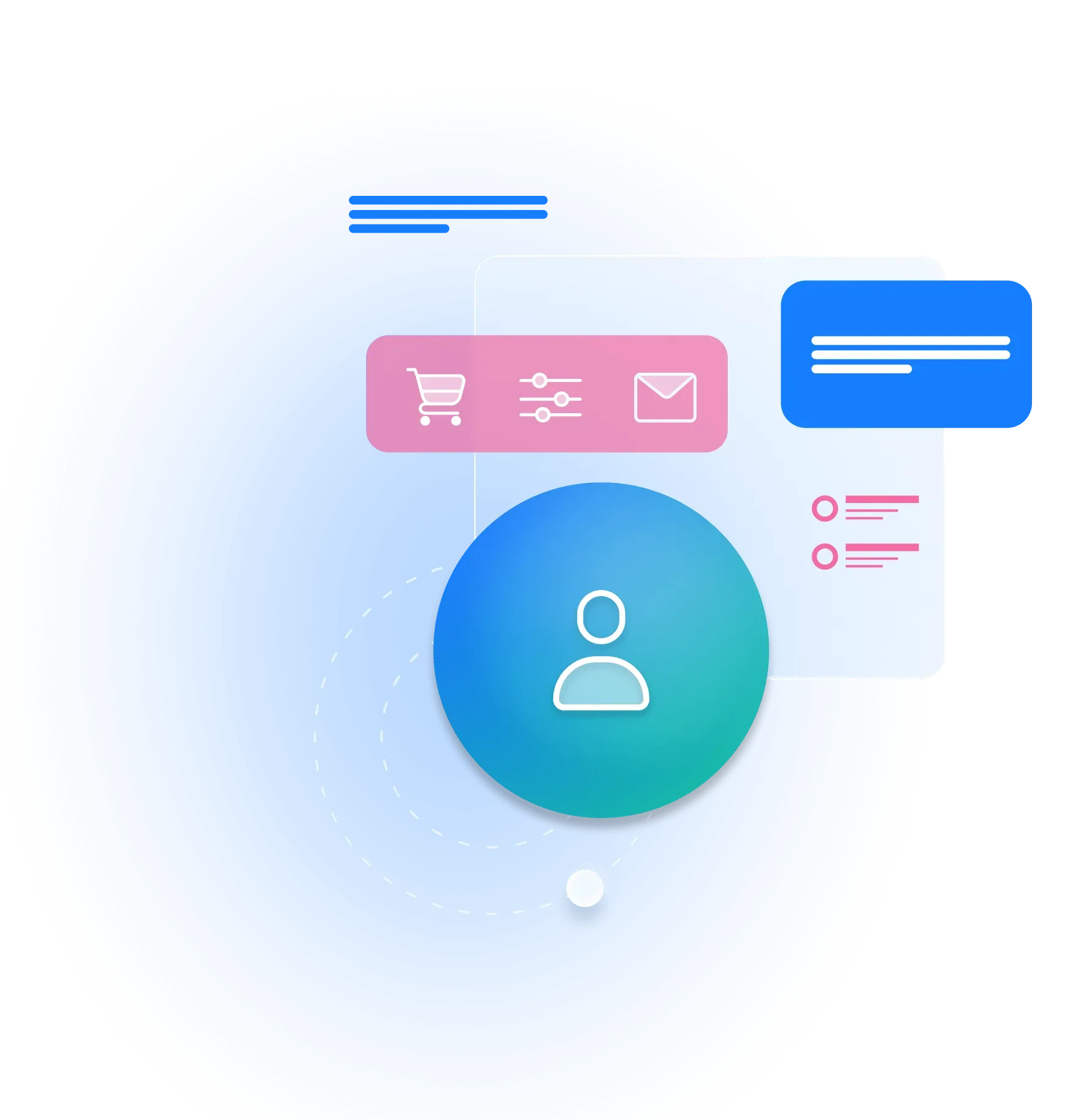 Abstract illustration of a user profile icon surrounded by eCommerce and communication icons.